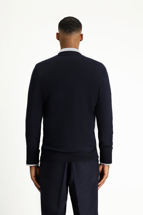 Dark Navy Polo Collar Regular Fit Zip-Up Patterned Cotton Knit Sweater