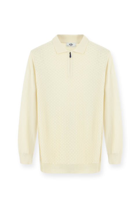 Off-white polo shirt, regular fit, zippered, patterned cotton knit sweater.
