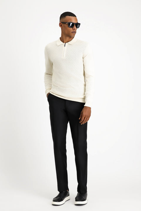Off-white polo shirt, regular fit, zippered, patterned cotton knit sweater.