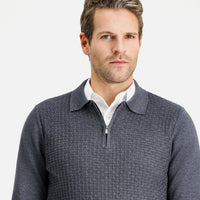 Medium Anthracite Polo Collar Regular Fit Zip-Up Patterned Cotton Knit Sweater