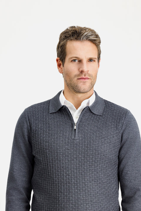 Medium Anthracite Polo Collar Regular Fit Zip-Up Patterned Cotton Knit Sweater
