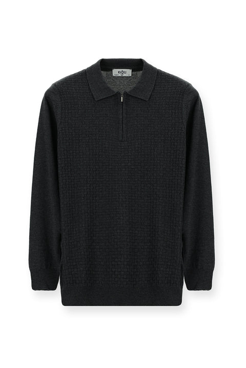 Medium Anthracite Polo Collar Regular Fit Zip-Up Patterned Cotton Knit Sweater
