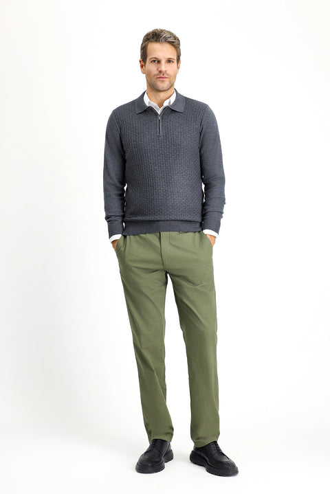 Medium Anthracite Polo Collar Regular Fit Zip-Up Patterned Cotton Knit Sweater
