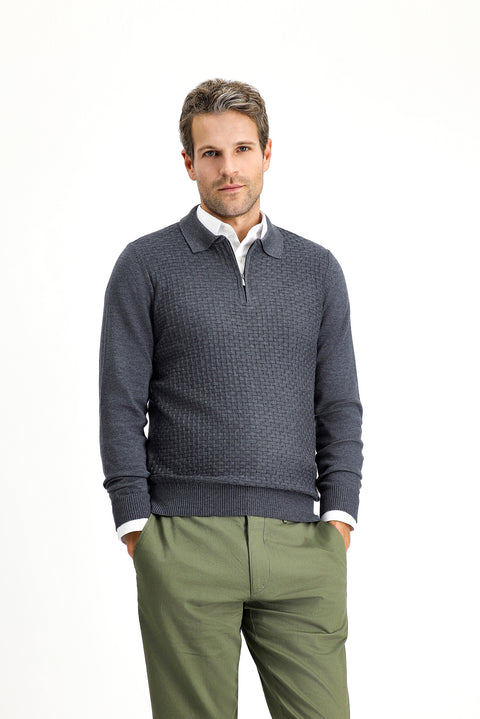 Medium Anthracite Polo Collar Regular Fit Zip-Up Patterned Cotton Knit Sweater