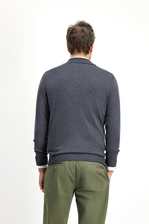 Medium Anthracite Polo Collar Regular Fit Zip-Up Patterned Cotton Knit Sweater