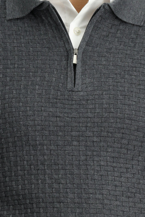 Medium Anthracite Polo Collar Regular Fit Zip-Up Patterned Cotton Knit Sweater