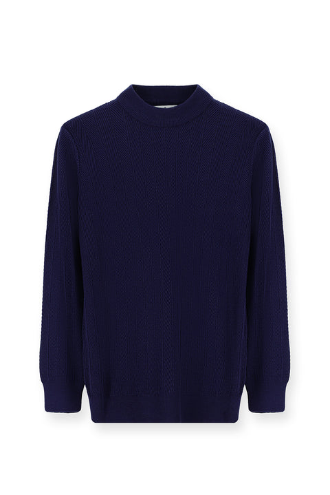 Light Navy Blue Semi-Turtleneck Slim Fit Striped Cotton Knit Sweater