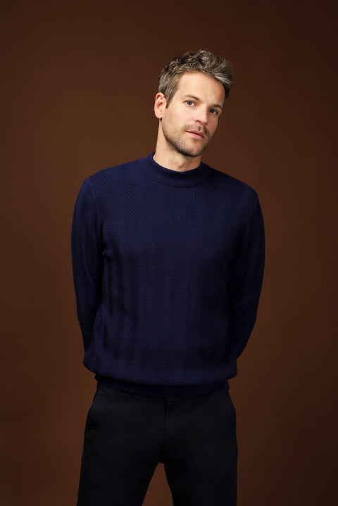 Light Navy Blue Semi-Turtleneck Slim Fit Striped Cotton Knit Sweater