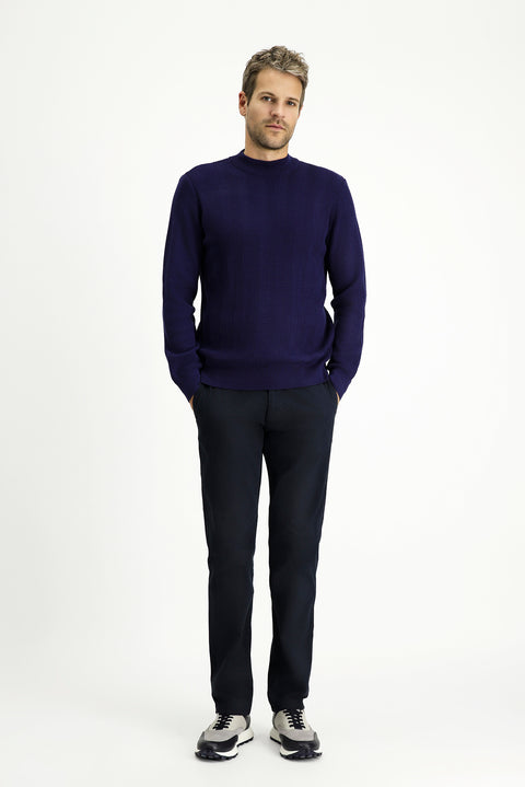 Light Navy Blue Semi-Turtleneck Slim Fit Striped Cotton Knit Sweater