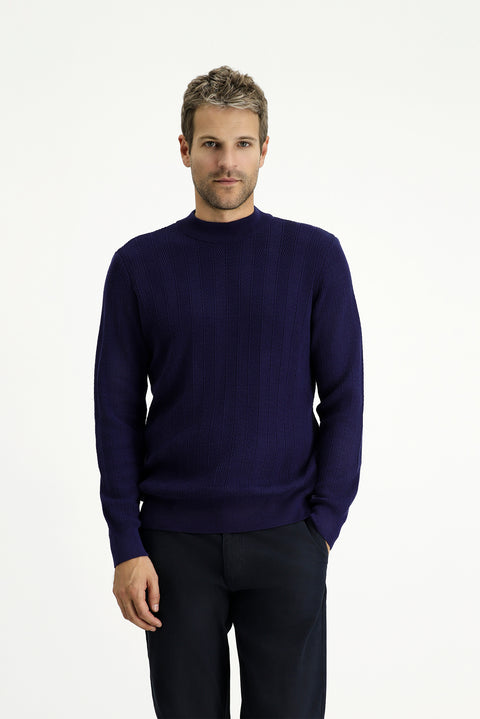 Light Navy Blue Semi-Turtleneck Slim Fit Striped Cotton Knit Sweater