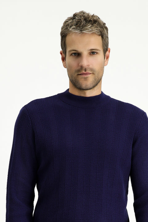 Light Navy Blue Semi-Turtleneck Slim Fit Striped Cotton Knit Sweater