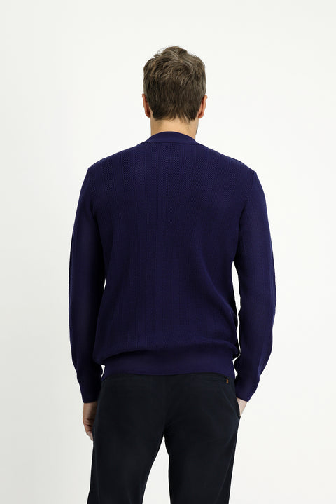 Light Navy Blue Semi-Turtleneck Slim Fit Striped Cotton Knit Sweater