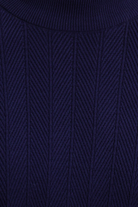 Light Navy Blue Semi-Turtleneck Slim Fit Striped Cotton Knit Sweater