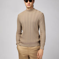 Medium Beige Semi-Turtleneck Slim Fit Striped Cotton Knit Sweater