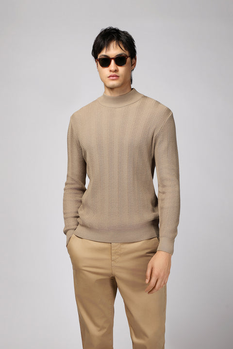 Medium Beige Semi-Turtleneck Slim Fit Striped Cotton Knit Sweater