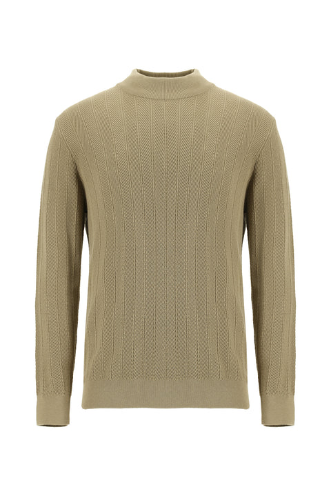 Medium Beige Semi-Turtleneck Slim Fit Striped Cotton Knit Sweater