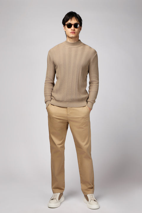 Medium Beige Semi-Turtleneck Slim Fit Striped Cotton Knit Sweater