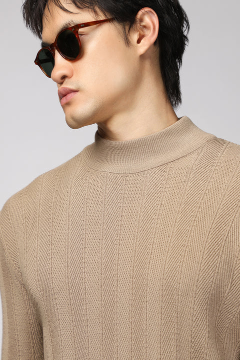 Medium Beige Semi-Turtleneck Slim Fit Striped Cotton Knit Sweater