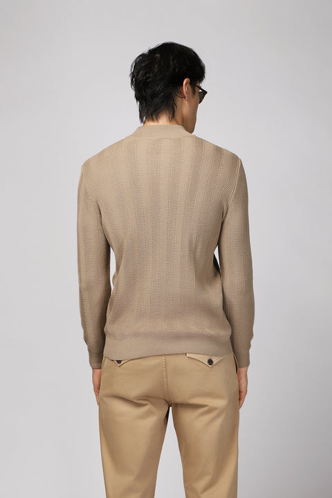 Medium Beige Semi-Turtleneck Slim Fit Striped Cotton Knit Sweater