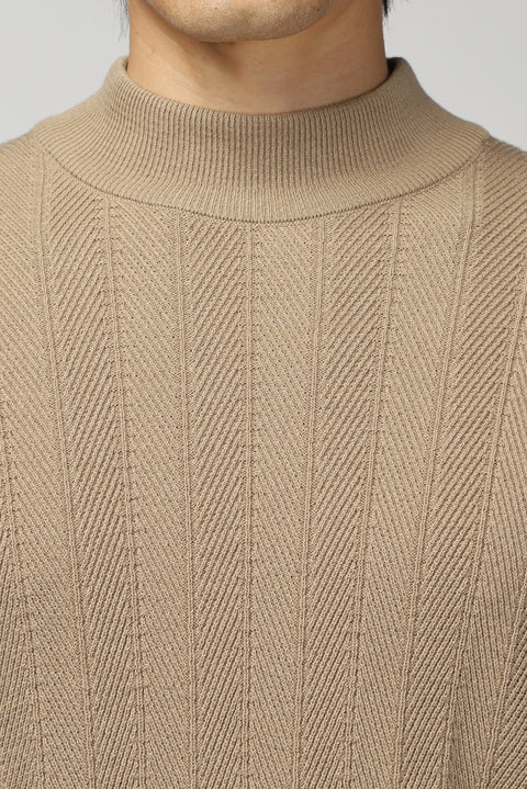 Medium Beige Semi-Turtleneck Slim Fit Striped Cotton Knit Sweater