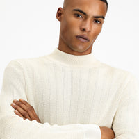 Ekru Yarım Balıkçı Yaka Slim Fit Çizgili Pamuklu Triko Kazak
