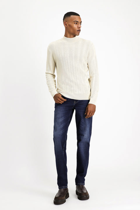 Ekru Yarım Balıkçı Yaka Slim Fit Çizgili Pamuklu Triko Kazak