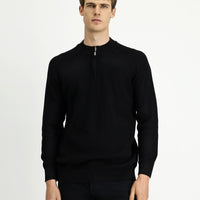 Black Half Turtleneck Regular Fit Zip-Up Patterned Cotton Knit Sweater