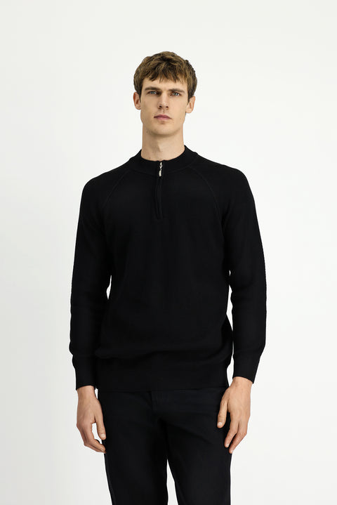 Black Half Turtleneck Regular Fit Zip-Up Patterned Cotton Knit Sweater