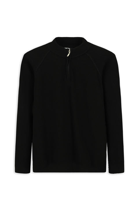 Black Half Turtleneck Regular Fit Zip-Up Patterned Cotton Knit Sweater