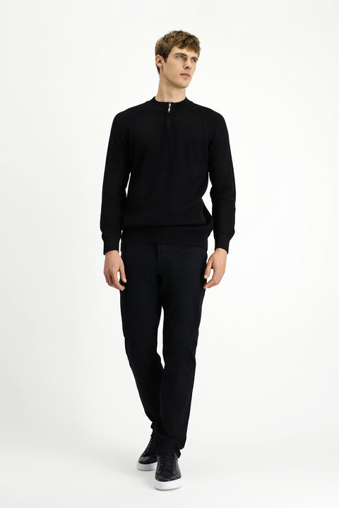 Black Half Turtleneck Regular Fit Zip-Up Patterned Cotton Knit Sweater