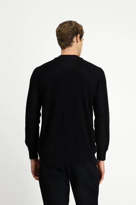 Black Half Turtleneck Regular Fit Zip-Up Patterned Cotton Knit Sweater