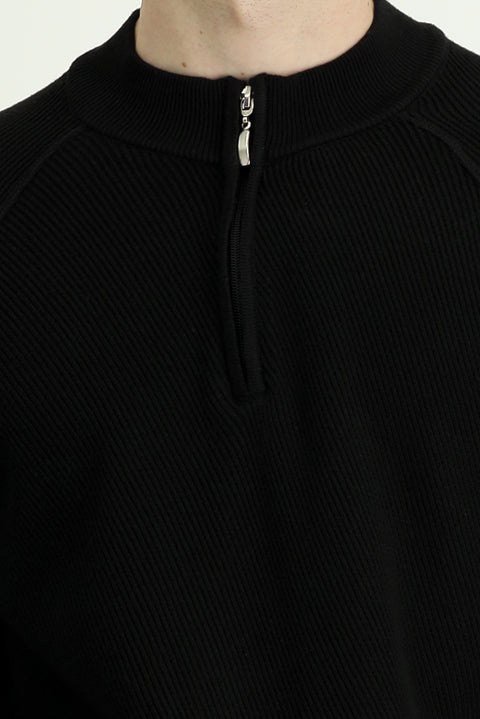 Black Half Turtleneck Regular Fit Zip-Up Patterned Cotton Knit Sweater