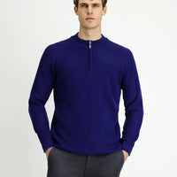 Medium Navy Half Turtleneck Regular Fit Zip-Up Patterned Cotton Knit Sweater