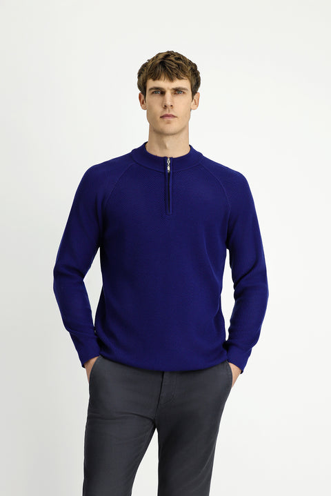 Medium Navy Half Turtleneck Regular Fit Zip-Up Patterned Cotton Knit Sweater