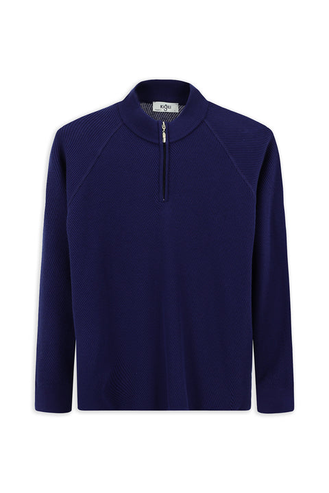 Medium Navy Half Turtleneck Regular Fit Zip-Up Patterned Cotton Knit Sweater