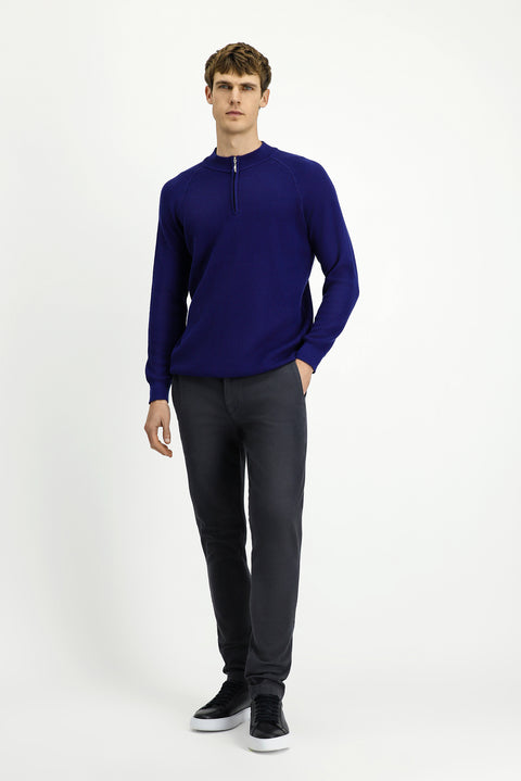 Medium Navy Half Turtleneck Regular Fit Zip-Up Patterned Cotton Knit Sweater