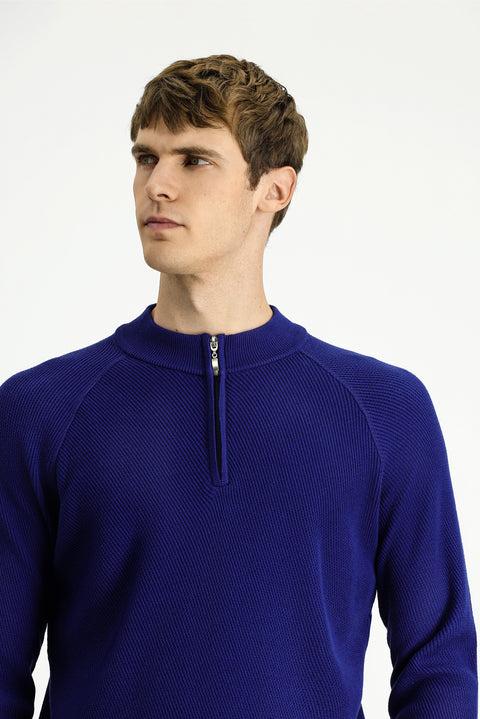 Medium Navy Half Turtleneck Regular Fit Zip-Up Patterned Cotton Knit Sweater