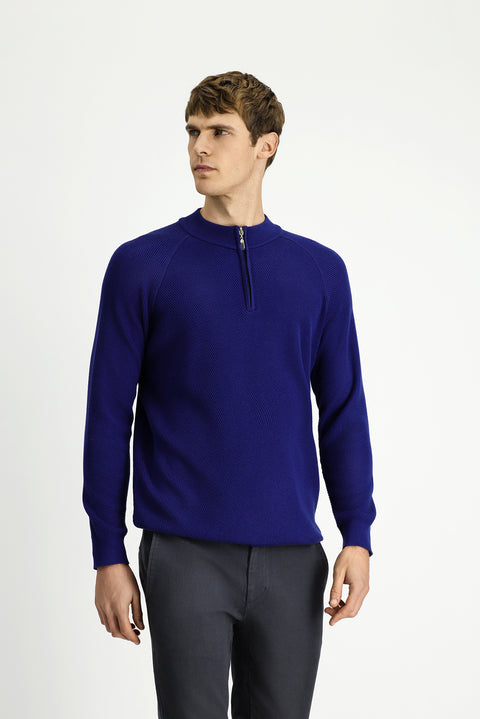 Medium Navy Half Turtleneck Regular Fit Zip-Up Patterned Cotton Knit Sweater