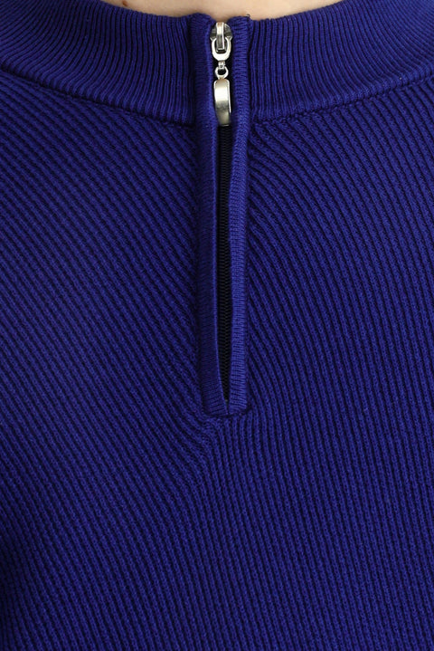 Medium Navy Half Turtleneck Regular Fit Zip-Up Patterned Cotton Knit Sweater