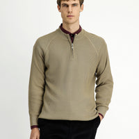 Medium Beige Half Turtleneck Regular Fit Zip-Up Patterned Cotton Knit Sweater