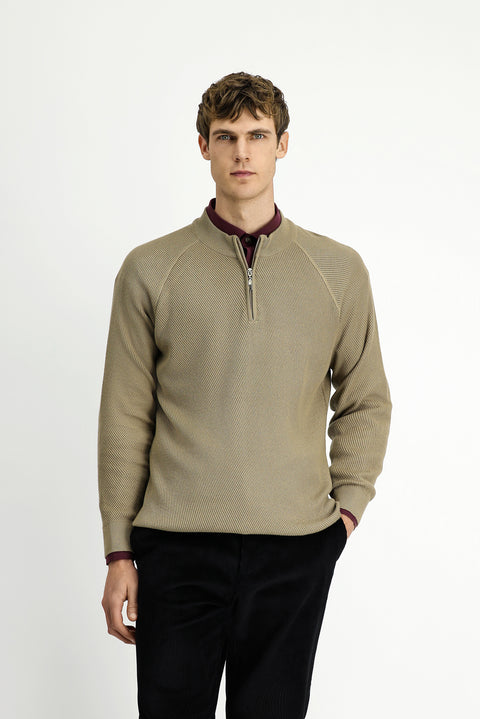 Medium Beige Half Turtleneck Regular Fit Zip-Up Patterned Cotton Knit Sweater