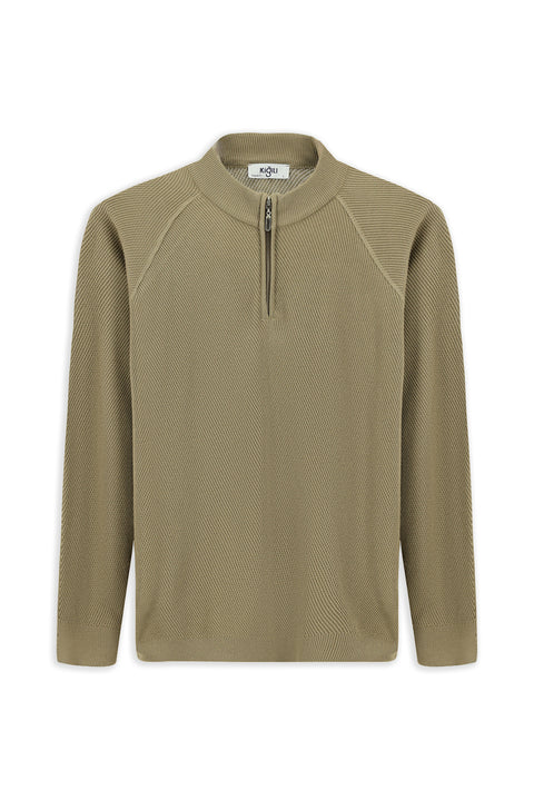 Medium Beige Half Turtleneck Regular Fit Zip-Up Patterned Cotton Knit Sweater