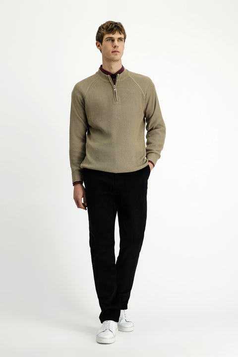 Medium Beige Half Turtleneck Regular Fit Zip-Up Patterned Cotton Knit Sweater