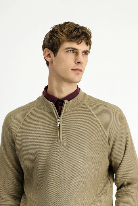 Medium Beige Half Turtleneck Regular Fit Zip-Up Patterned Cotton Knit Sweater