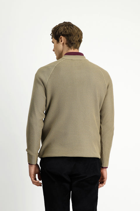 Medium Beige Half Turtleneck Regular Fit Zip-Up Patterned Cotton Knit Sweater