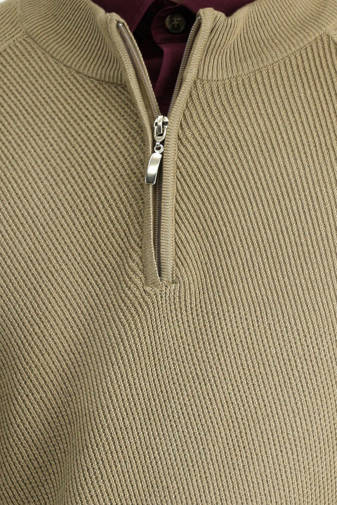 Medium Beige Half Turtleneck Regular Fit Zip-Up Patterned Cotton Knit Sweater