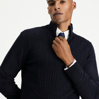 Dark Navy Half Turtleneck Zip-Up Regular Fit Patterned Cotton Knit Sweater