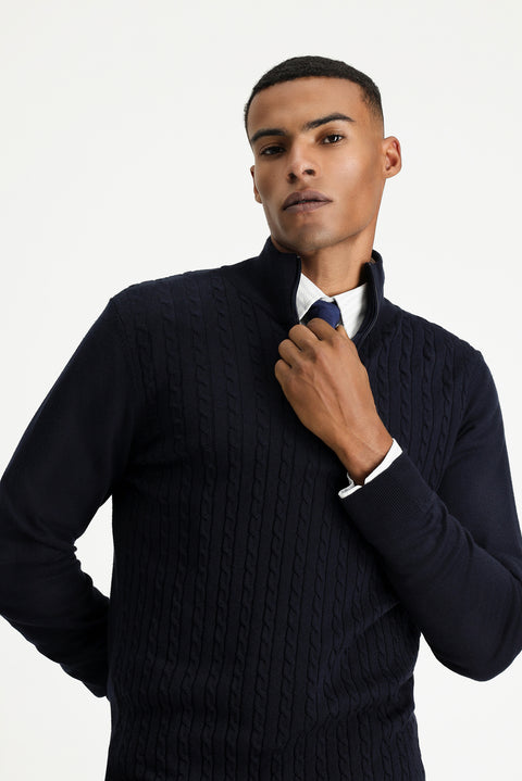 Dark Navy Half Turtleneck Zip-Up Regular Fit Patterned Cotton Knit Sweater