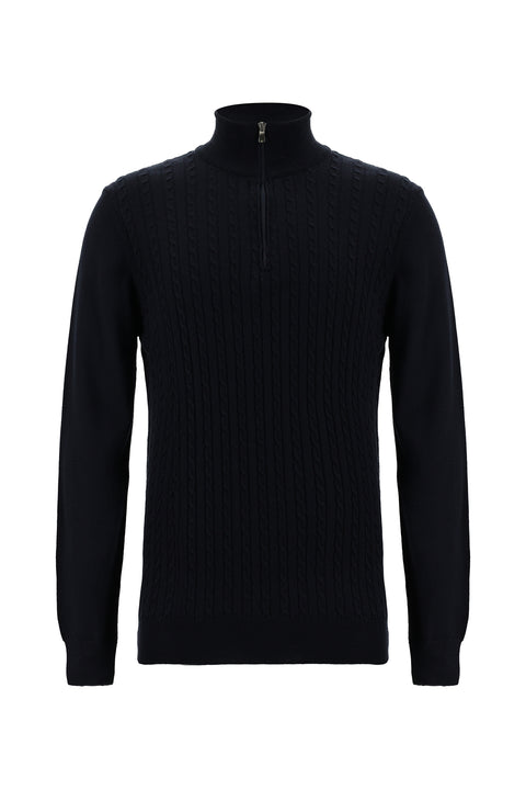 Dark Navy Half Turtleneck Zip-Up Regular Fit Patterned Cotton Knit Sweater
