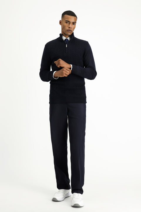 Dark Navy Half Turtleneck Zip-Up Regular Fit Patterned Cotton Knit Sweater